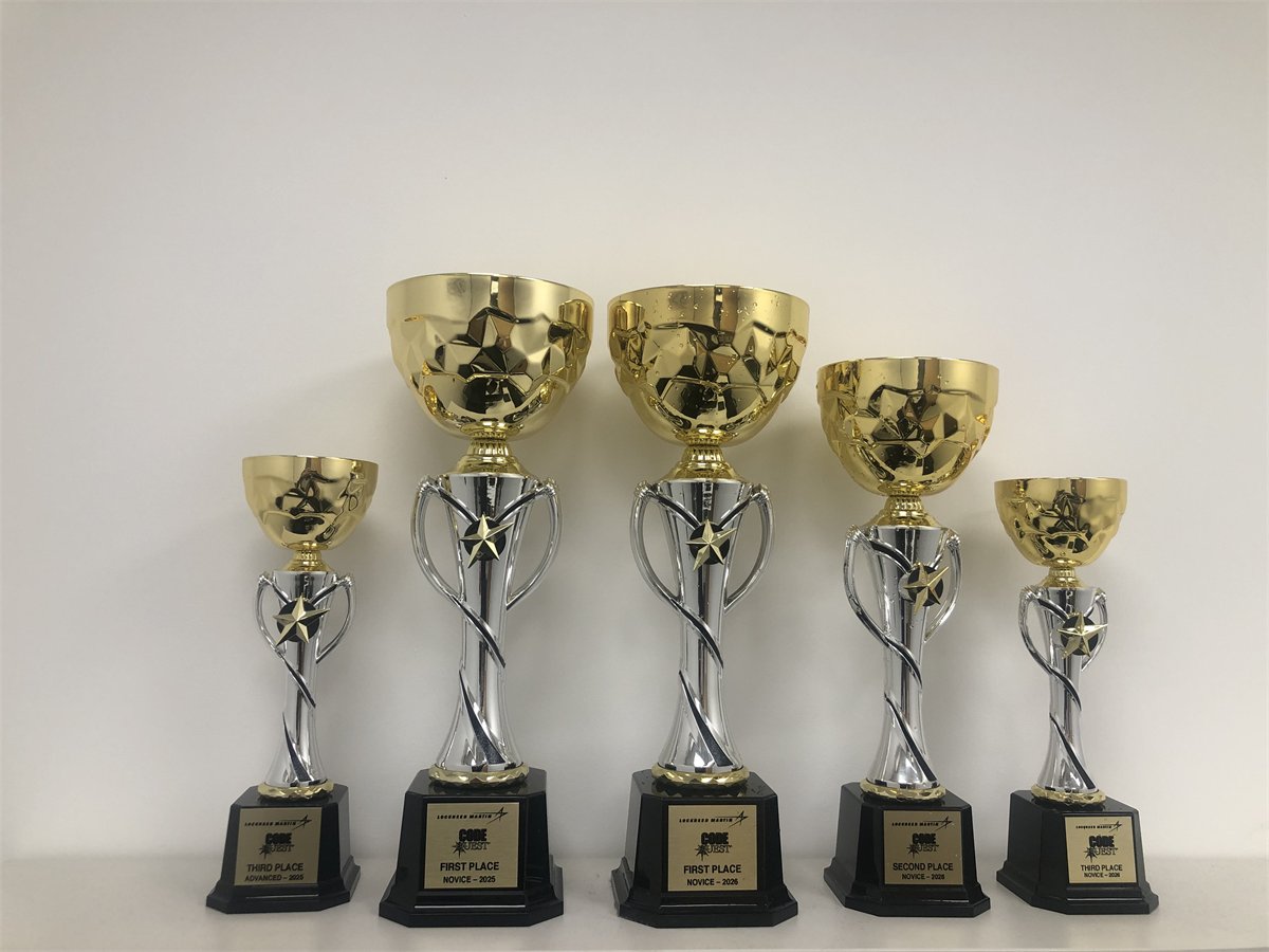 Five Lockheed Martin Code Quest trophies from the coding academy's published student achievements.