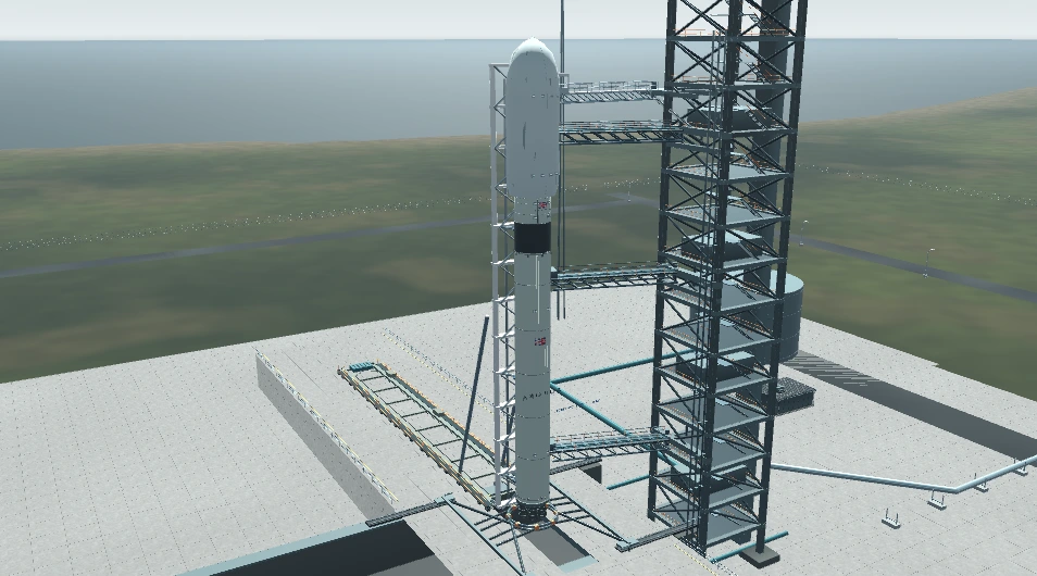 The Aurora rocket stands ready on its launchpad.