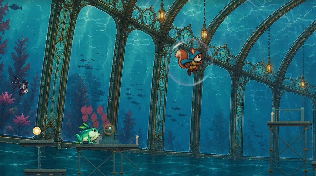 A squirrel leaps between platforms above a frog in the underwater Glass Gardens.