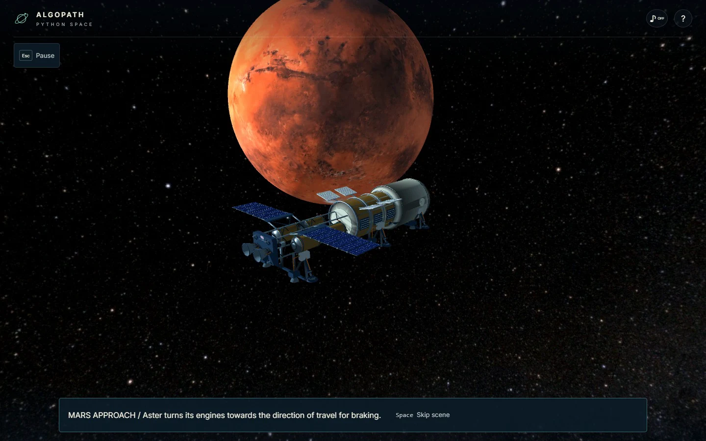 The Aster spacecraft approaches Mars, with the red planet ahead against a star-filled sky.