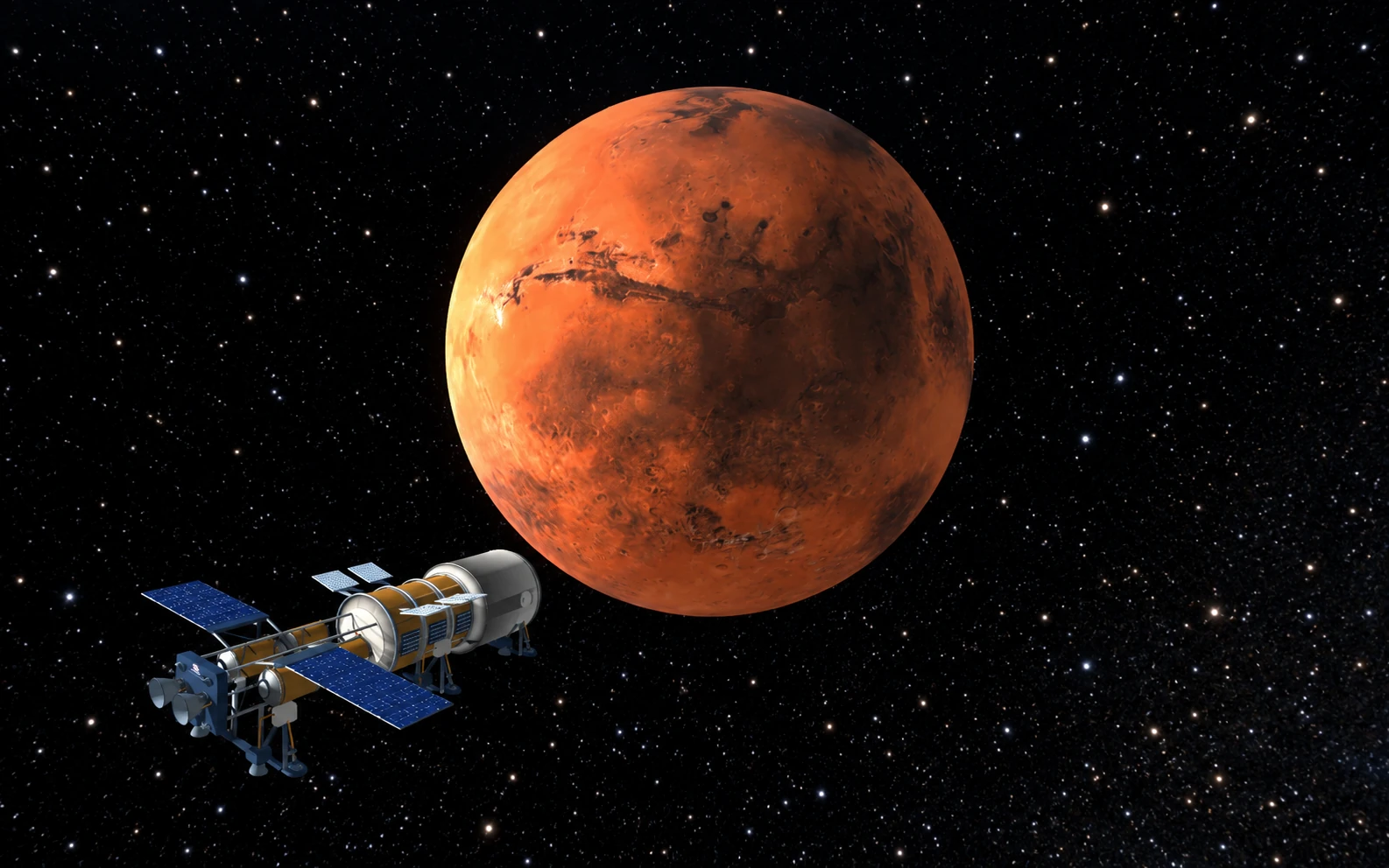 Course illustration of the Aster spacecraft approaching a fully visible Mars, with the planet near the centre and the ship in the foreground.