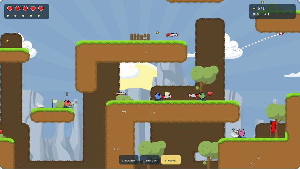 Colourful characters face off on grassy platforms beneath a flying rocket in Meadow Mayhem.